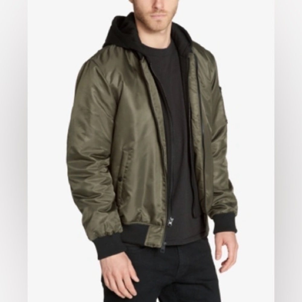 Guess Green & Gray Bomber Jacket with Removable Hood Inset Size XL - NWOT